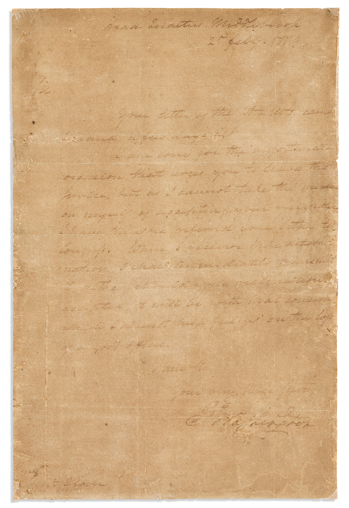 (AMERICAN REVOLUTION.) WASHINGTON, GEORGE. Letter Signed, G:Washington, to General John Glover,